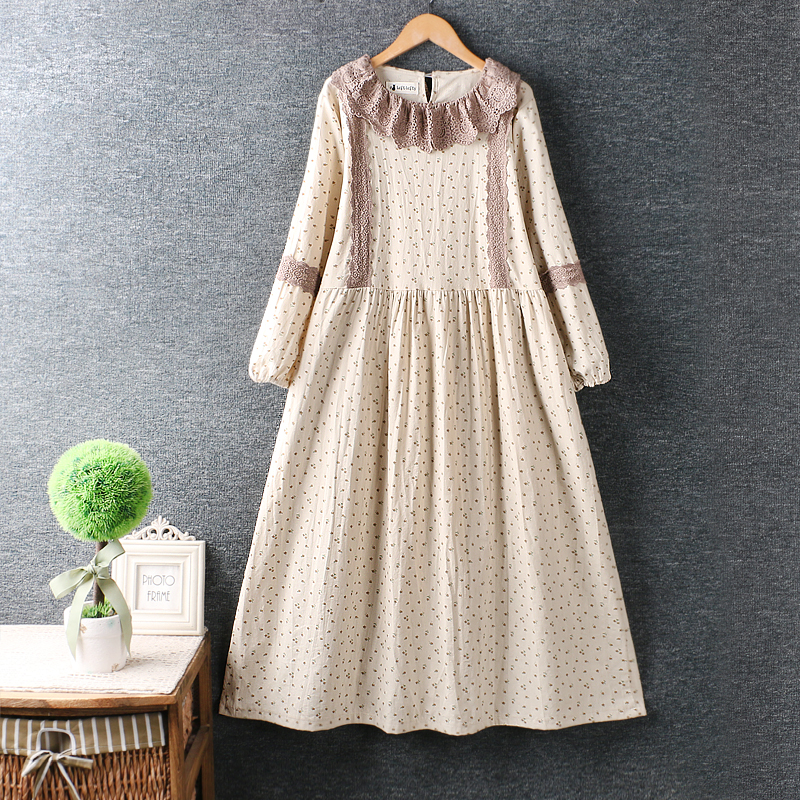 2022 New Spring Women Long Dress Lace O-Neck Cotton and linen Floral Print Long Sleeve Loose Dress Women alx