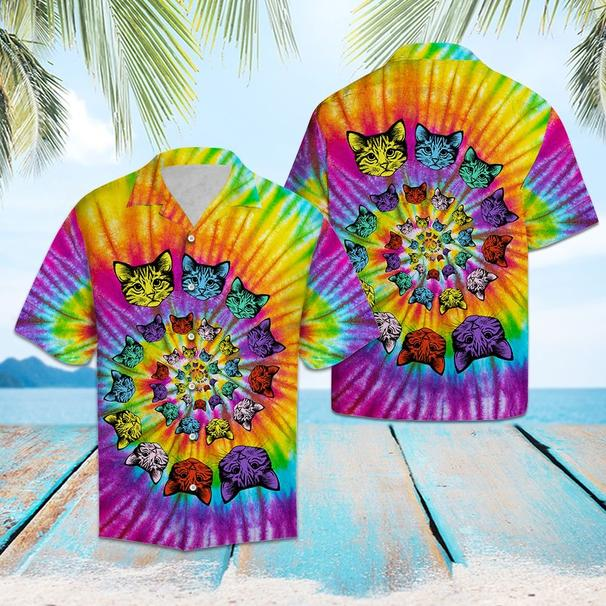 Cat Awesome Tie Dye Tropical Polyester Hawaii Shirt Ha27701