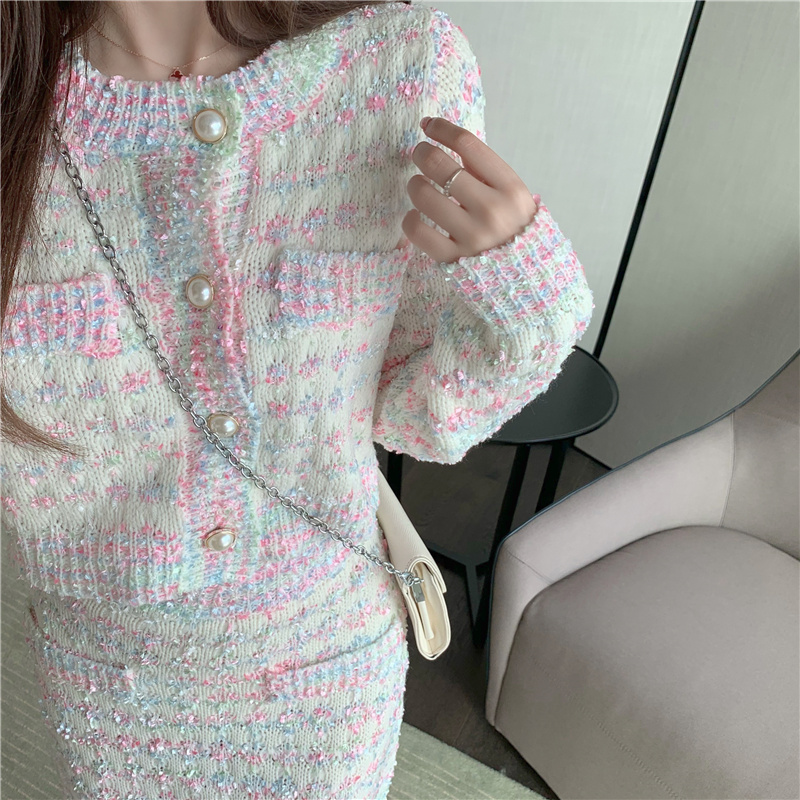 Women Two Piece Set Sweet Multicolor Knitted Long Sleeve Casual Cardigan Sweaters + Mini Bodycon Skirts Female Fashion Outfits alx