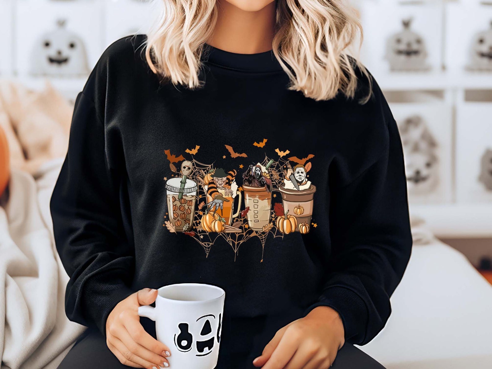 Coffee Cups Halloween Sweatshirt 2D Crewneck Sweatshirt All Over Print Sweatshirt For Women Sweatshirt For Men Sws3862