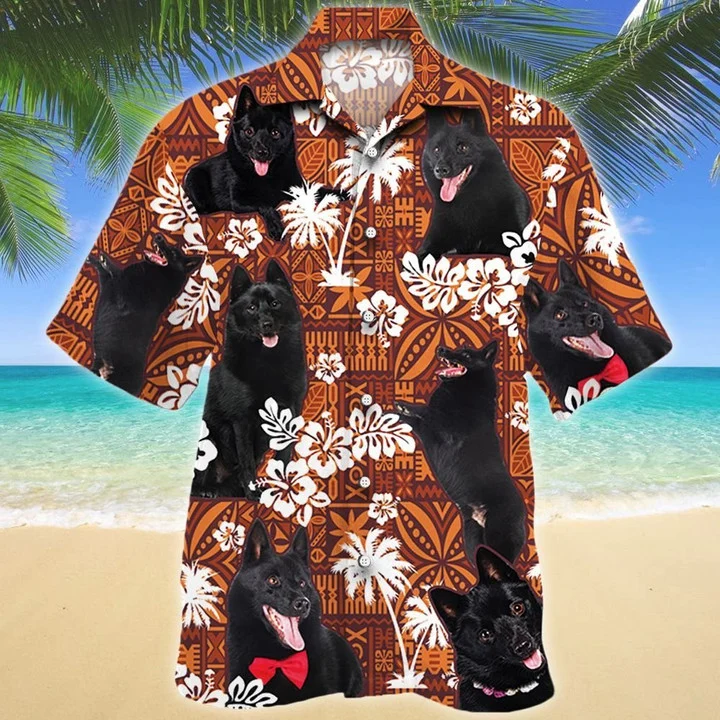 Funny Black Schipperke Dog On Red Tribal Pattern Hawaii Shirt Ha43680