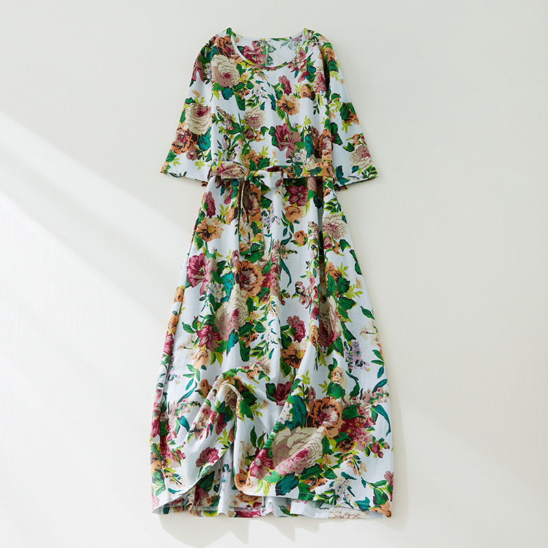 2022 New Arrival Cotton Linen Print Floral Vintage Summer Dress Belt Slim Office Lady Work Dress Women Travel Casual Midi Dress alx