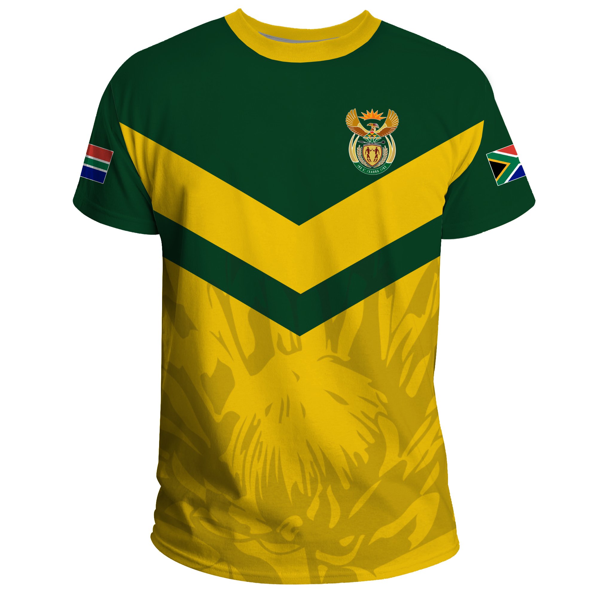 1stTheWorld South Africa T-shirt – South African Rising King Protea Yellow A10