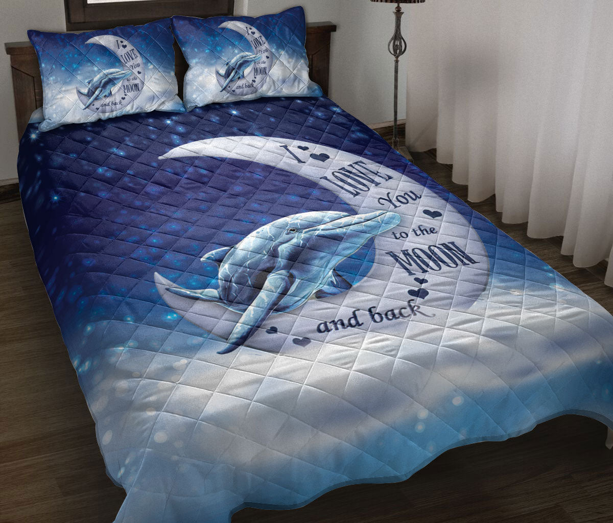 Dolphin Quilt Set, Dolphin I Love You To The Moon And Back Ocean Quilt Blanket With Pillowcases, Quilt Bedding Set