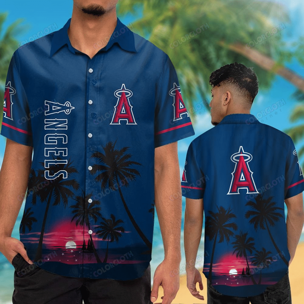 Los Angeles Angels Short Sleeve Button Up Tropical Aloha Hawaiian Shirt