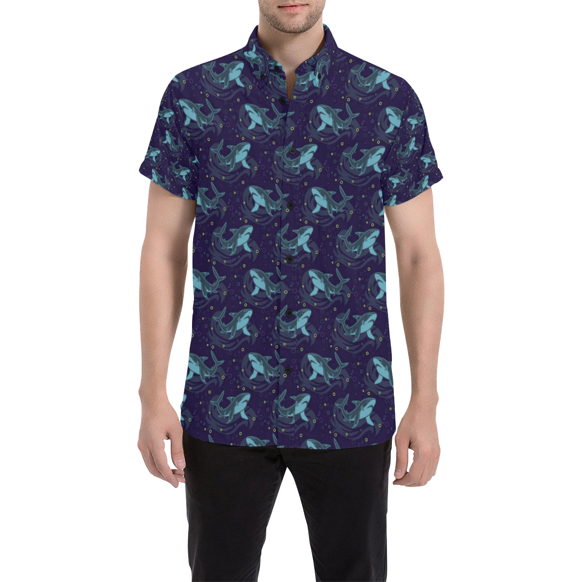 Shark Themed Print Men Button Up Shirt