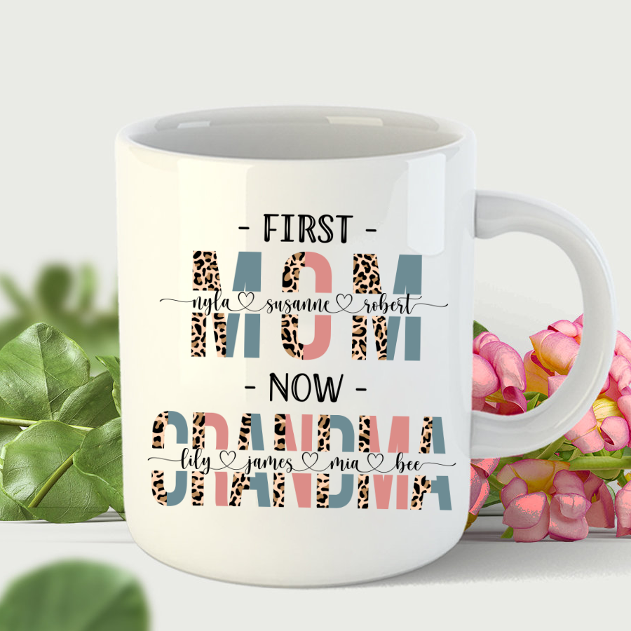 Personalized First Mom Now Grandma Leopard Mug