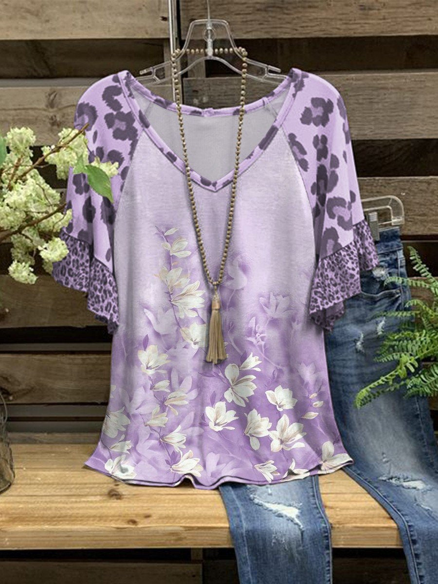 Women’S Leopard Flower Printed V-Neck Top