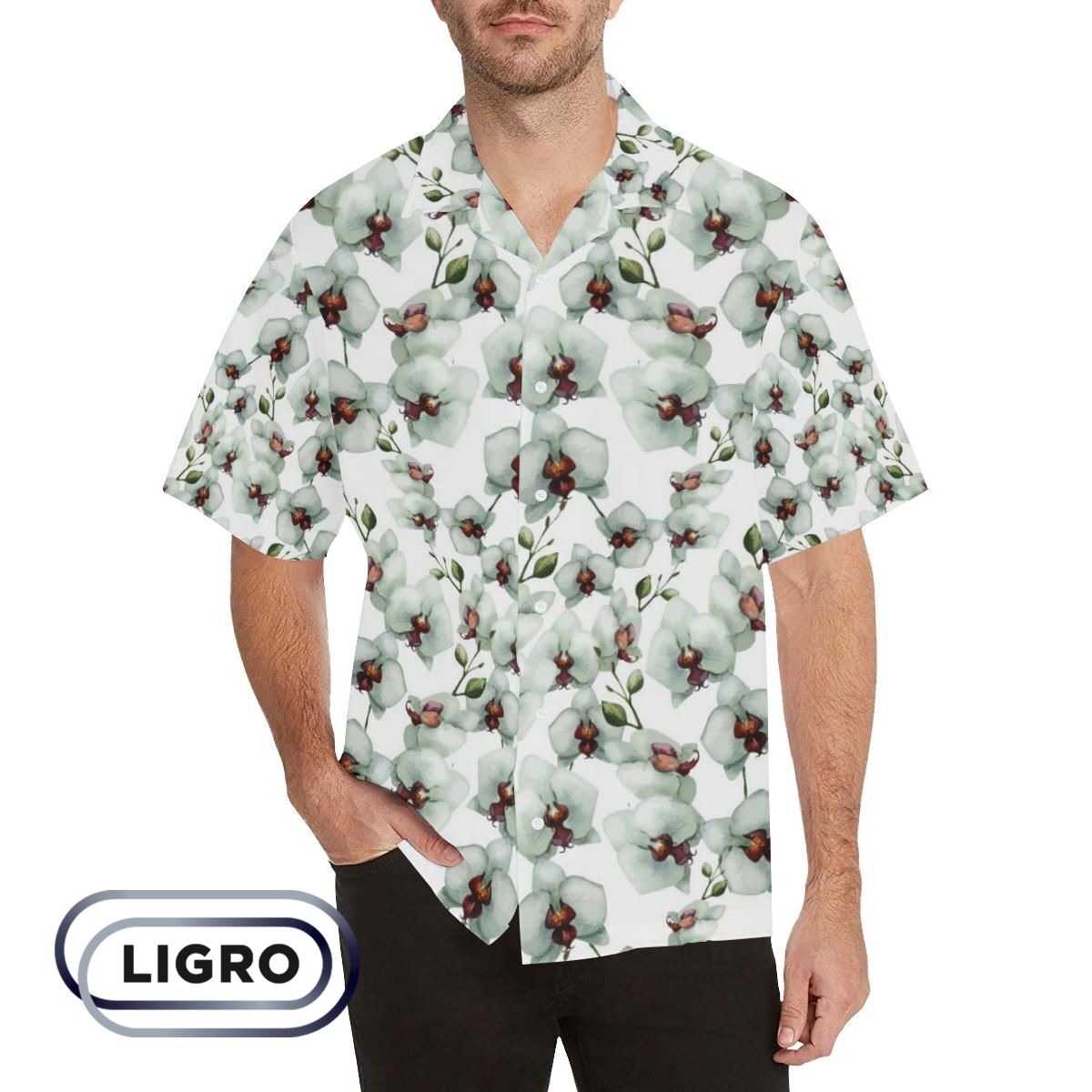 White Orchid Pattern Mens All Over Print Hawaiian Shirt