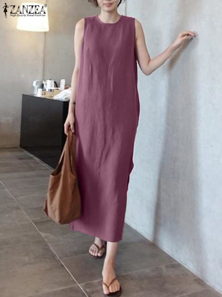 Women O Neck Sleeveless Sundress 2022 ZANZEA Summer Elegant Robe Sarafans Casual Split Hem Dress OL Party Mid-calf Vestido Tunic alx