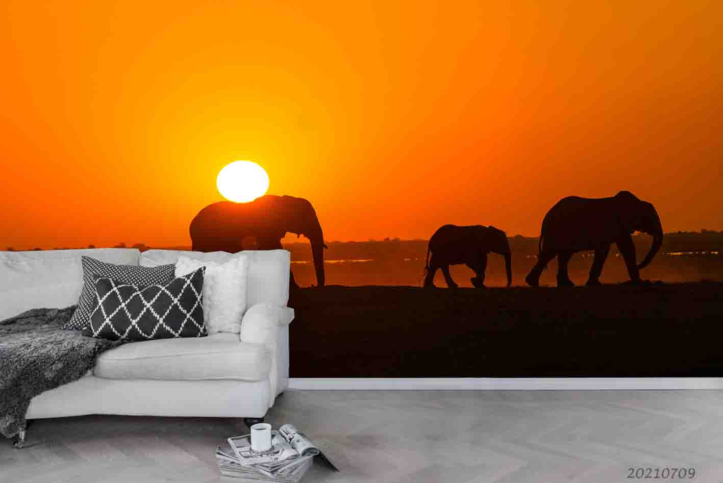 3D Africa Grassland Elephant Sunset Wall Mural Wallpaper Sww4038