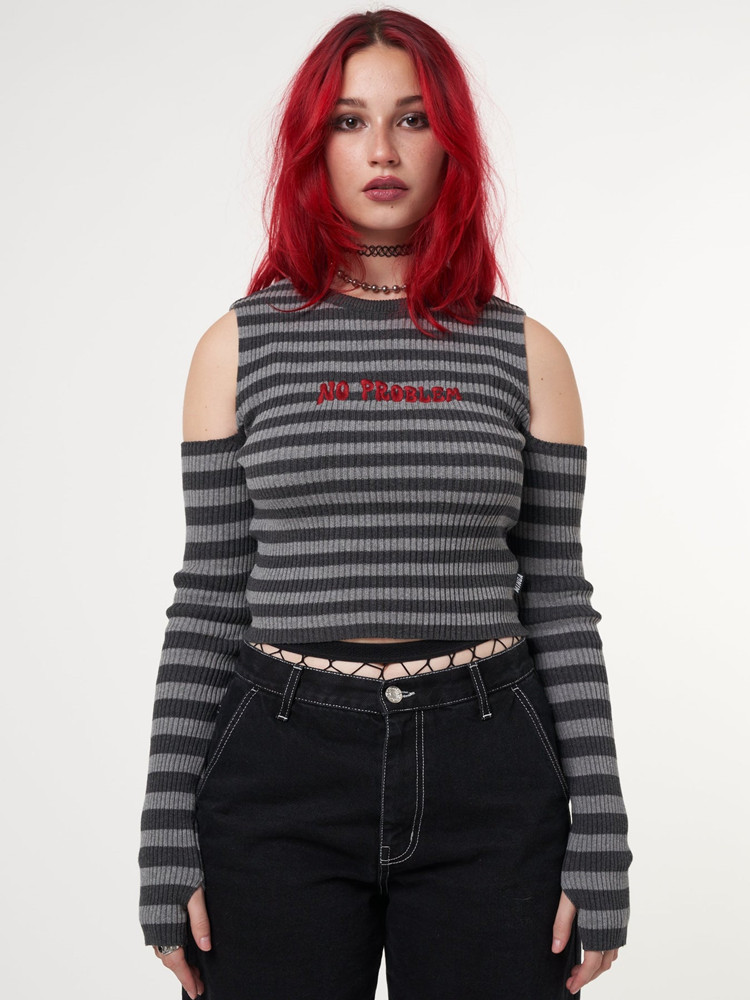 Women Sweater Cold Shoulder Long Sleeve Striped Knitted Crop Tops Autumn Y2K Aesthetic Gothic Shirts Knitwear Female Clubwear alx