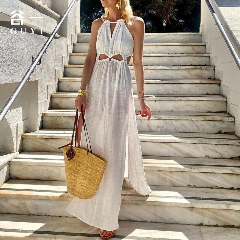 Bohemian White Split Dress Women 2022 Sleeveless Backless Sexy Long Robe Cross-border Holiday Hollow Out Split Beach Dresses alx