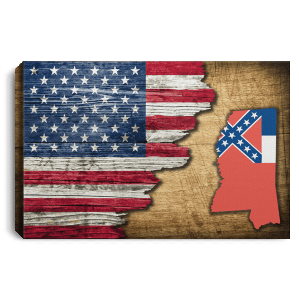 United States/Mississippi Flag Ripped Effect 12X8 Inches Landscape Canvas .75In Frame