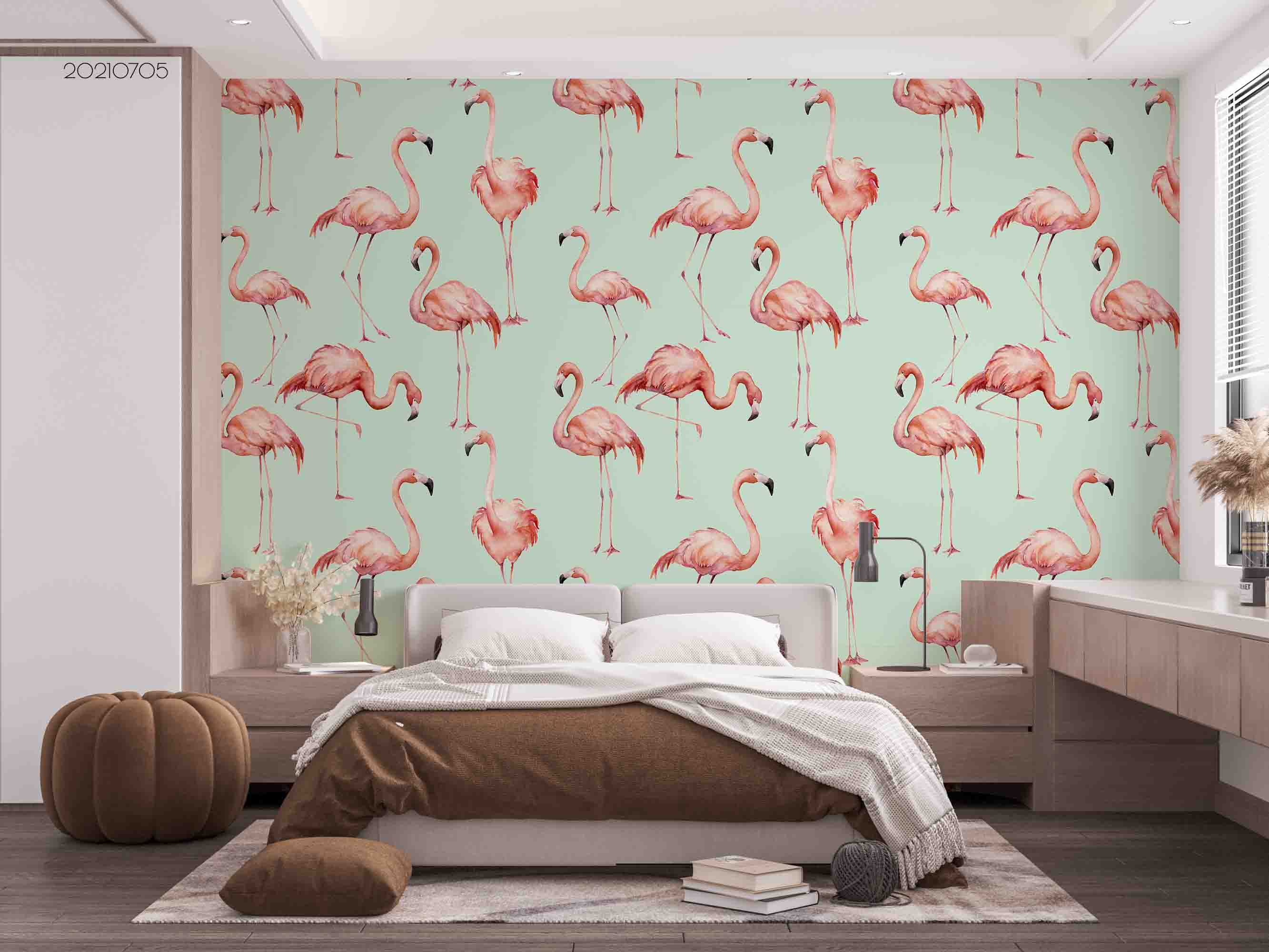 3D Hand Drawn Animal Flamingo Green Wall Mural Wallpaper Lqh 91