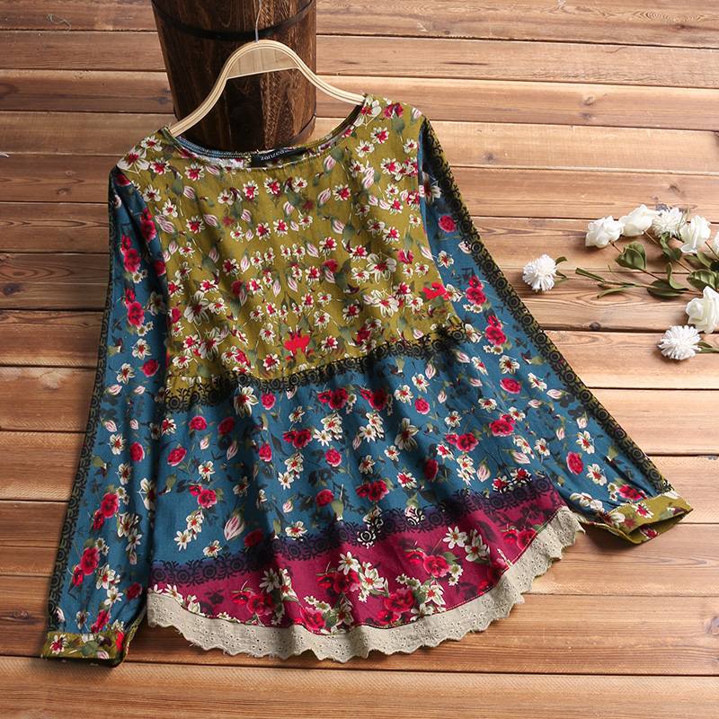 2022 ZANZEA Casual Printed Tops Women’s Autumn Blouse Vintage Floral Patchwork Blusas Female O Neck Long Sleeve Shirts S- alx