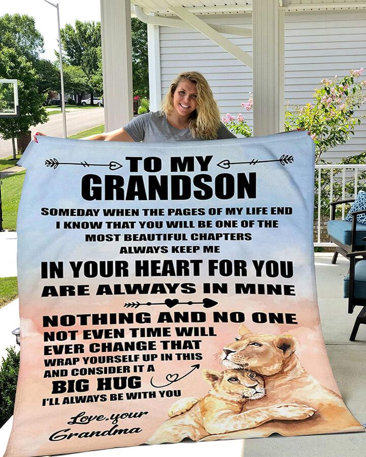 To My Grandson Fleece Blanket, Personalized Birthday Gift For Grandson From Grandma Blanket, Someday When The Pages Of My Life End Lion Blanket