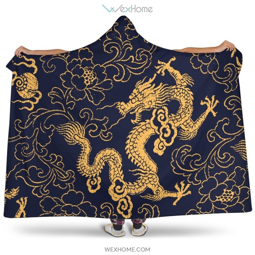 Gold Dragon Pattern Hooded Blanket