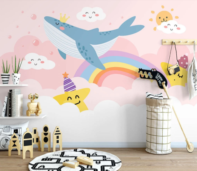 3D Cartoon Cloud Rainbow Dolphin Wall Mural Wallpaper Lqh 179