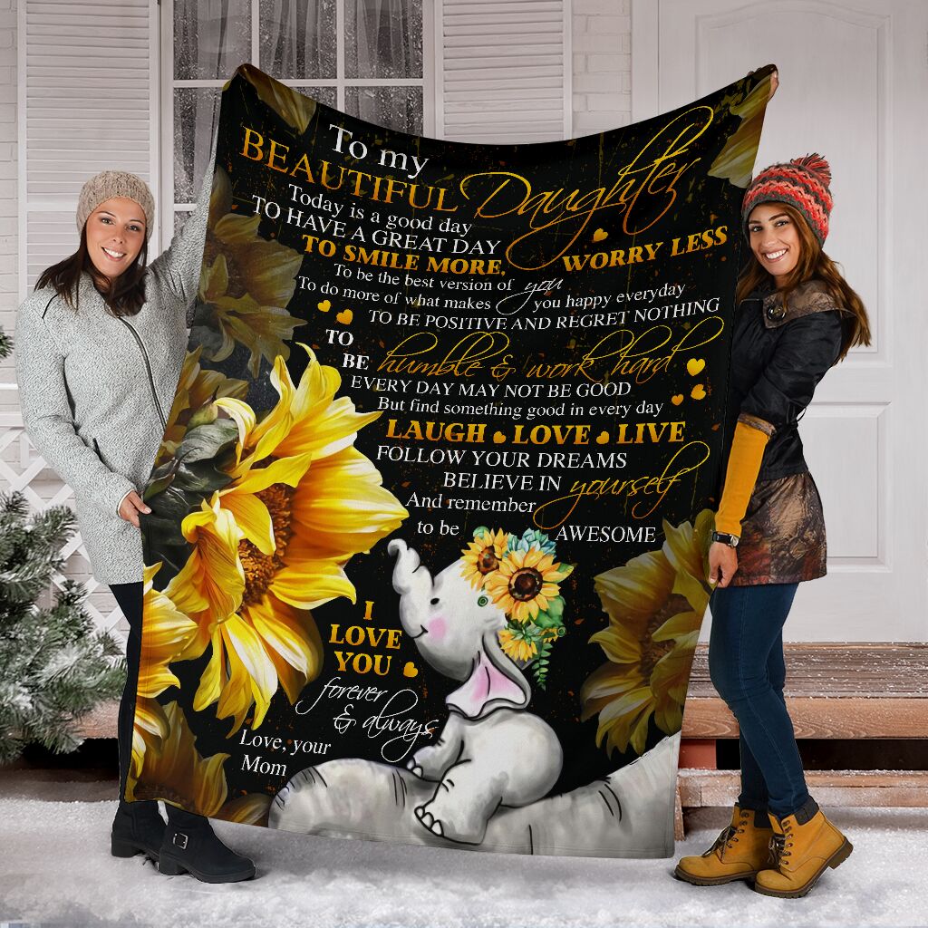 To My Beautiful Daughter Elephant Personalized Custom Name Text Fleece Blanket Print 3D, Unisex, Kid, Adult Birthday, Christmas Gift For Daughter | Family