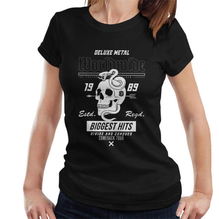 Divide And Conquer Worldwide Metal Skull Snake Women’s T-Shirt