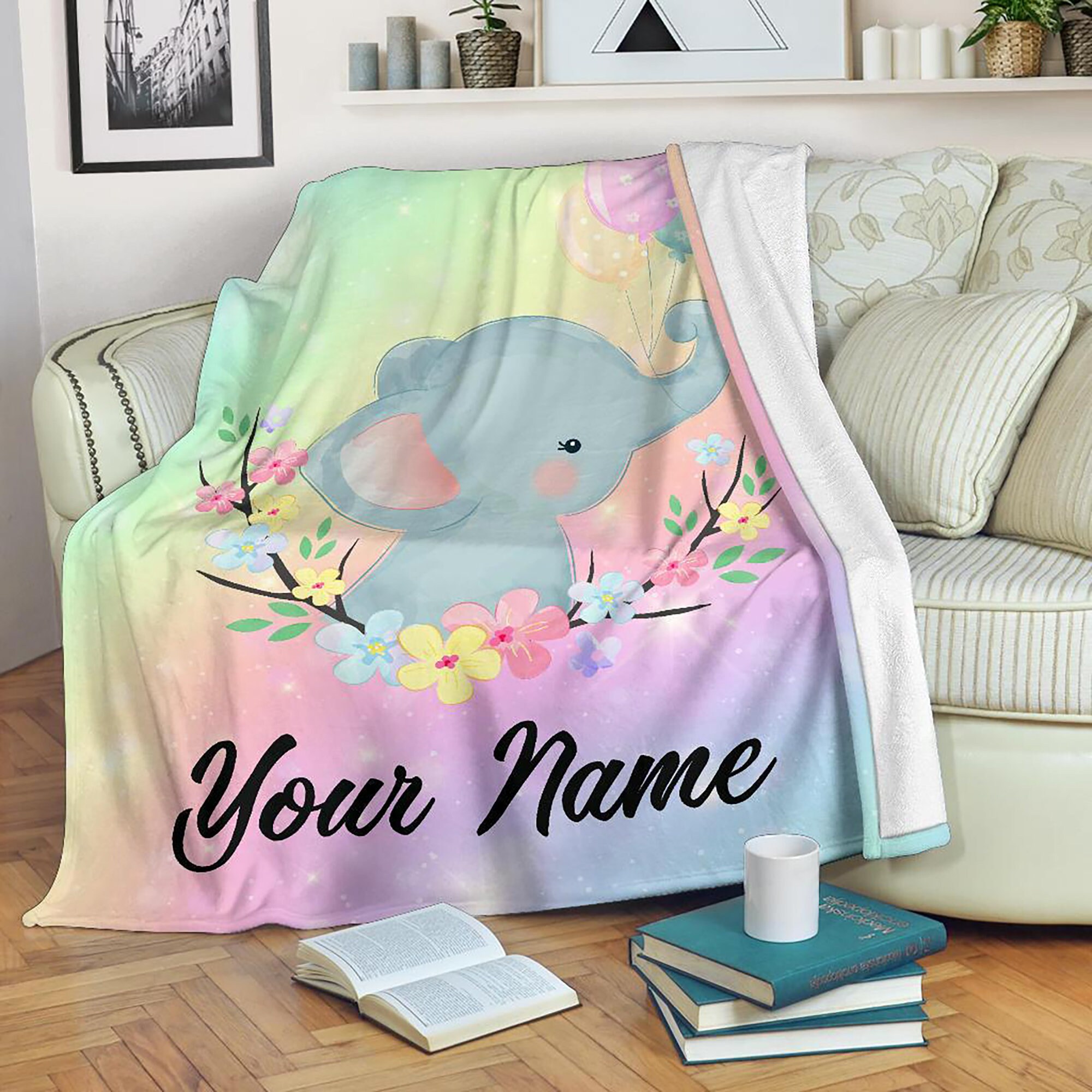 Personalized Elephant Blanket Custom Elephant Name Fleece Blanket