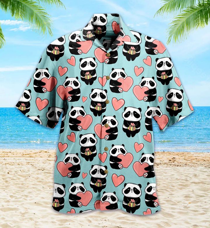 Panda With Heart Pattern 3D Hawaiian Shirt