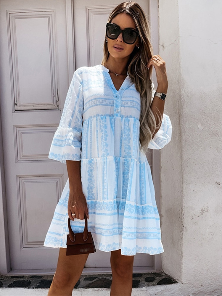 Summer Women’s Stripe Print Ruffle Dress Casual V-neck High Waist Green Mini Dresses 2022 Spring Fashion Ladies Loose Boho Style alx