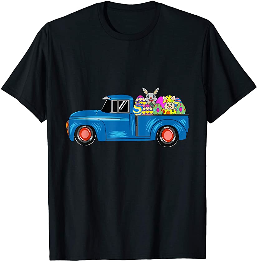 Blue Vintage Easter Truck Easter Bunny with Eggs for Kids T-Shirt