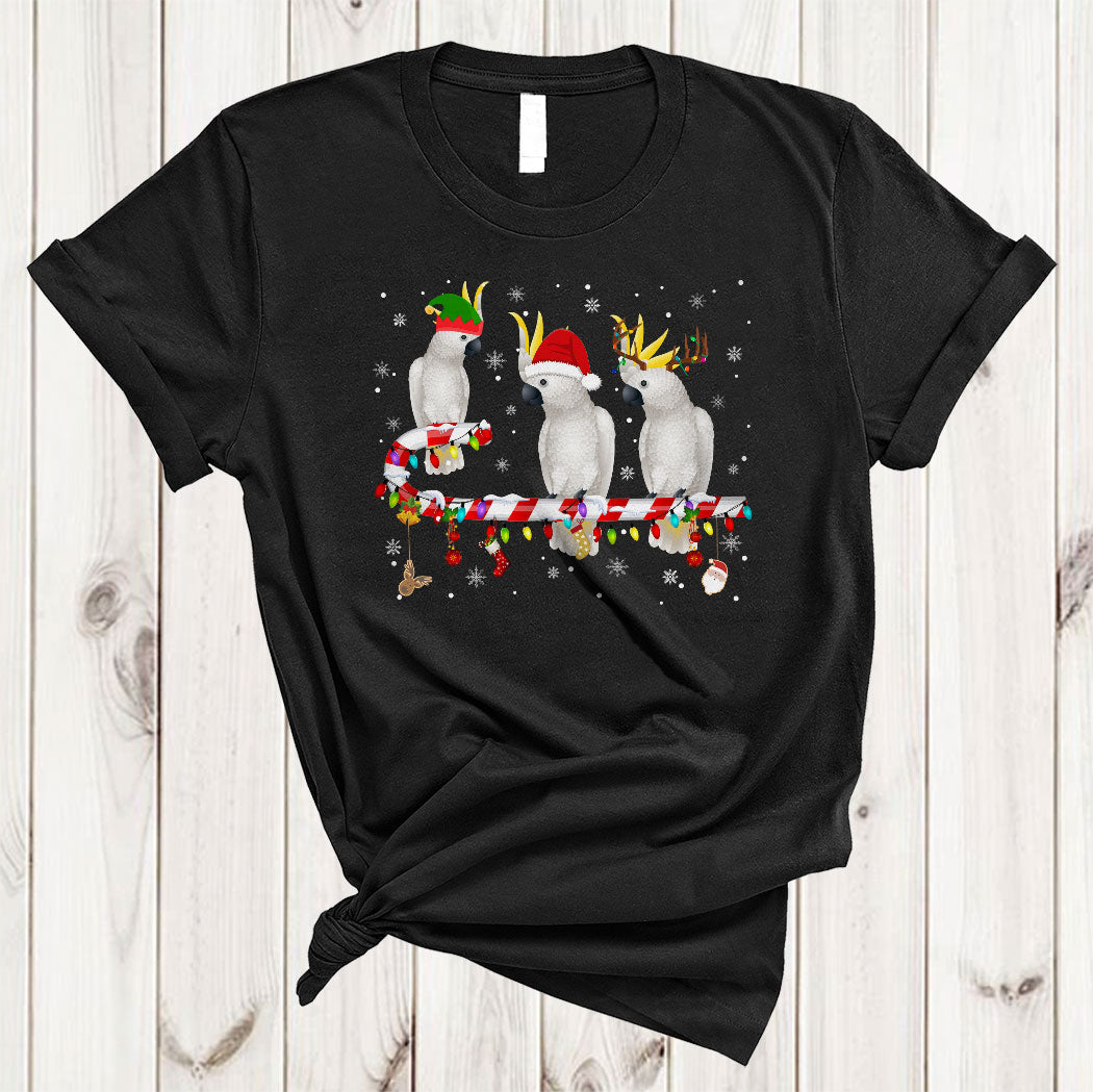 Santa Elf Reindeer Cockatoo On Candy Cane Funny Christmas Xmas Lights Bird Lover Gifts T-Shirt