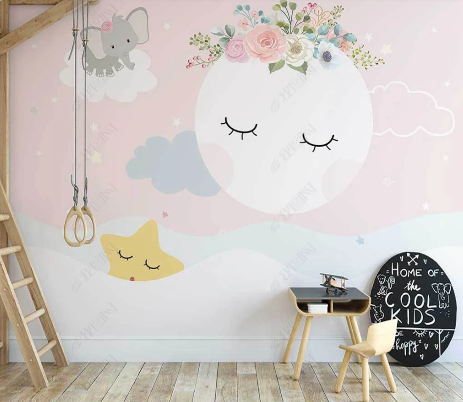 3D Moon Cloud Cute Emoticon Elephant Floral Wall Mural Wallpaper Gd 4354