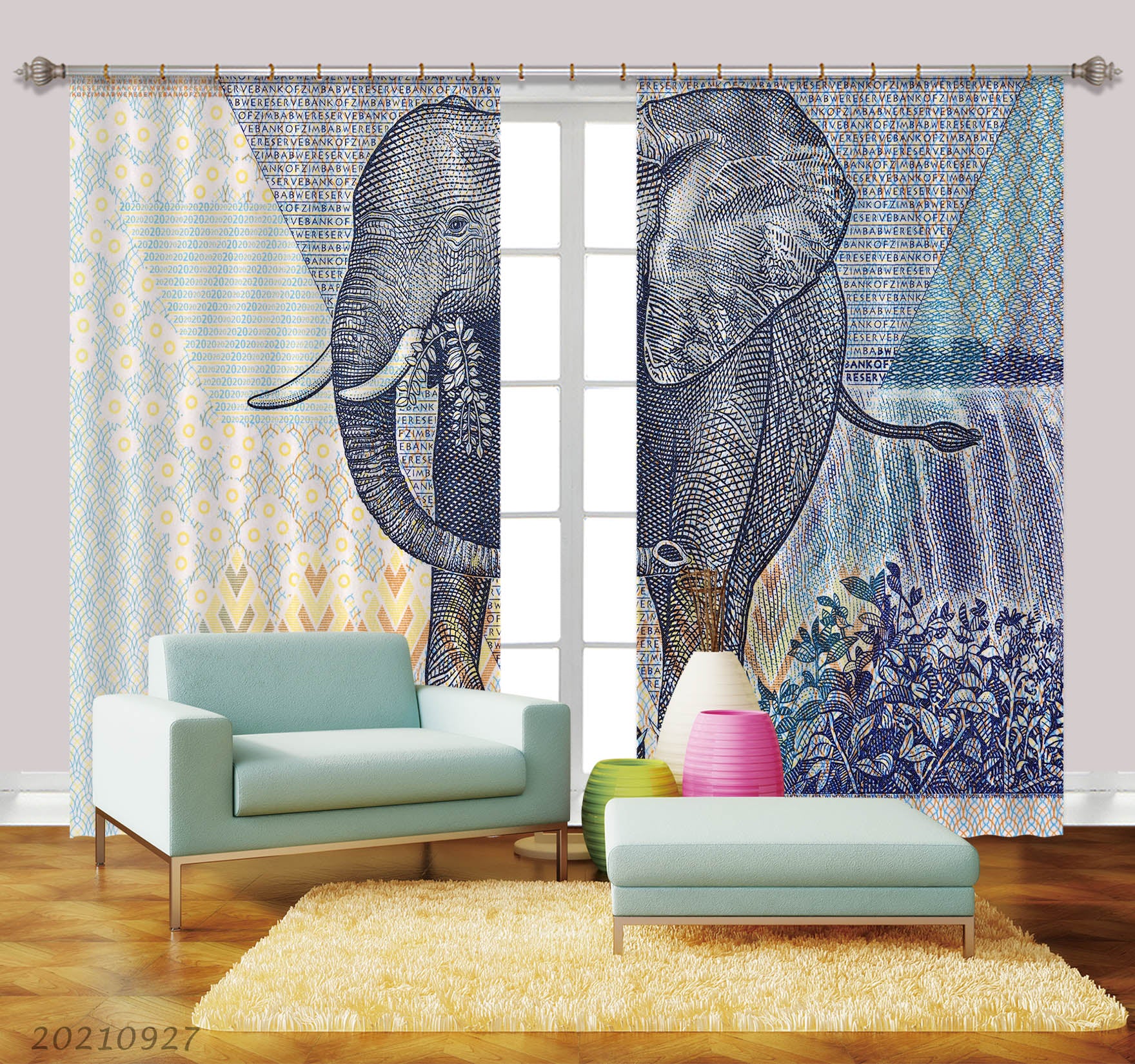 3D Hand Drawn Animal Elephant Curtains And Drapes Lqh 262