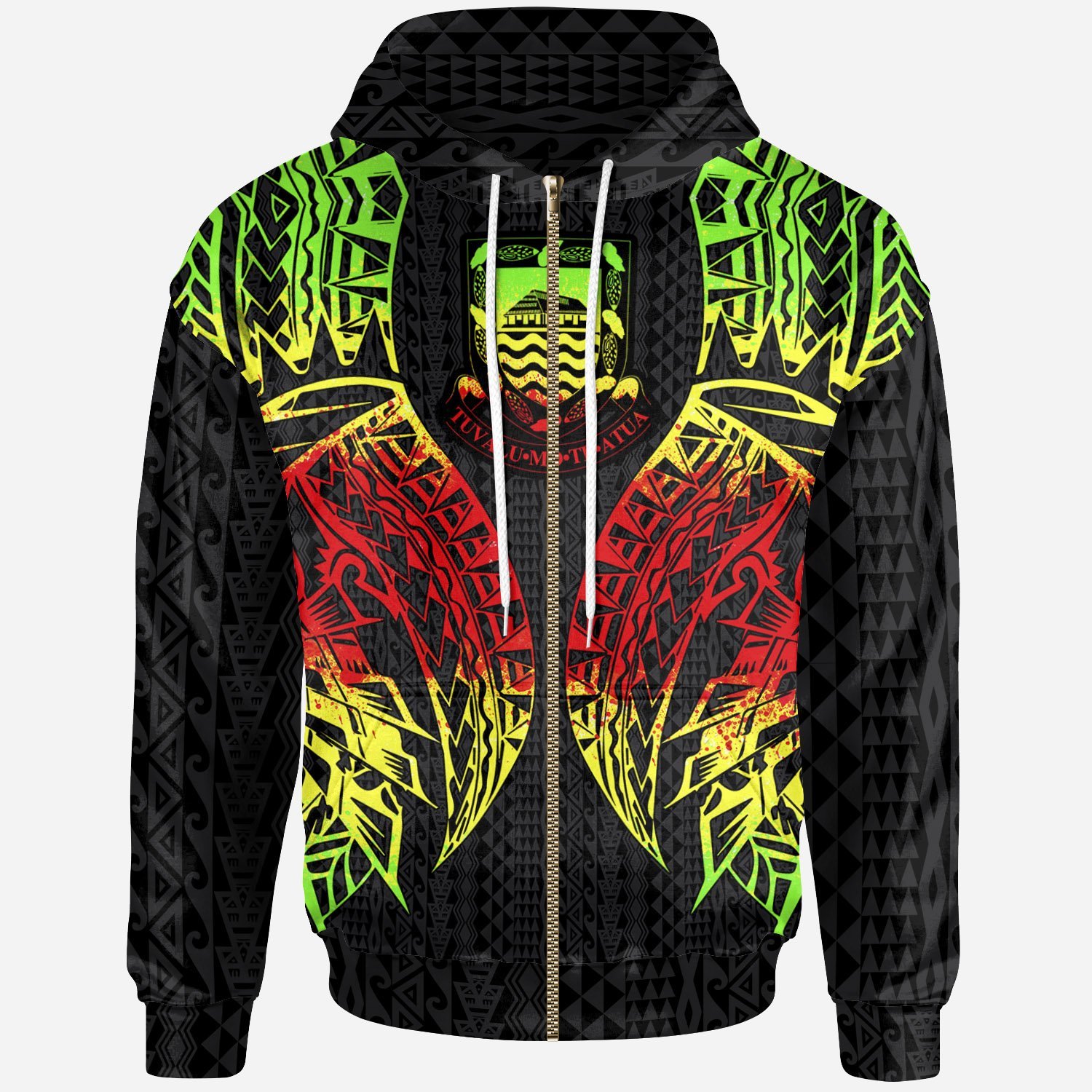 Tuvalu Zip-Up Hoodie – Polynesian Lion Head Reggae Style – Pacific Print Hoodie