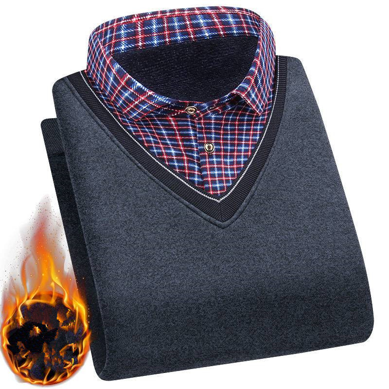 Winter Men’s Fluff Jacket High Quality Fashion Plaid Shirt Collar Middle-Aged Dad Versatile Casual Warm Sweater alx