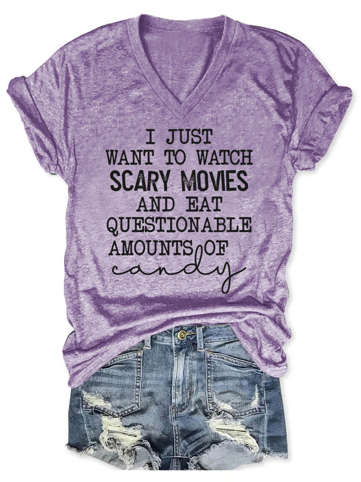 Women’S I Just Want To Watch Scary Movies And Eat Candy V-Neck T-Shirt