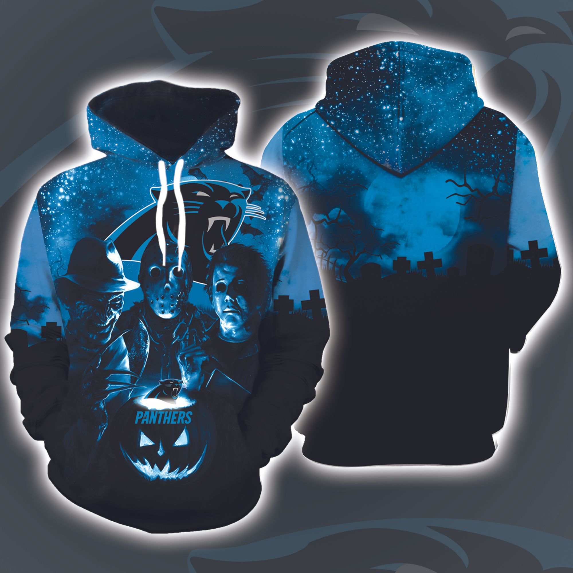 Carolina Panthers Halloween and Michael Myers, Jason Voorhees, Freddy Krueger 3D Printed Hoodie