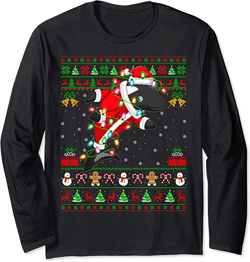 Xmas Lights Ugly Sweater Style Santa Orca Christmas Long Sleeve T-Shirt