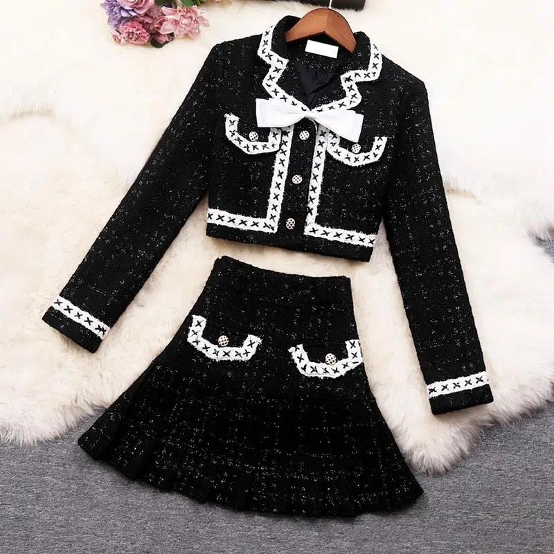 Women Elegant Tweed Black Suit Blazer Jacket Coat Top And Mini Skirt Two Piece Set Matching Outfit Winter Office Work Clothing alx