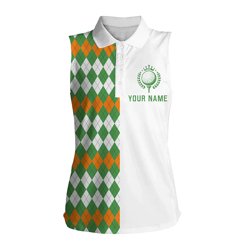 Sleeveless Golf Polo Shirts For Women Custom Green Argyle Plaid Pattern Golf Shirt