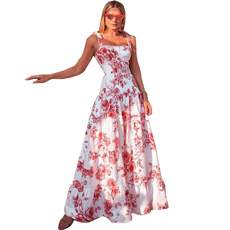 White Sleeveless Floral Printed Dress Summer New Women’s Clothing Fashion Sweet Mid Waist Big Swing Long Dress Vestido De Mujer alx