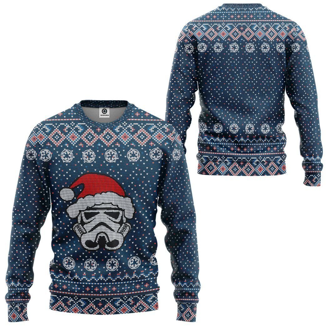 Unifinz Sw Ugly Sweater Sw Stormtrooper Christmas Hat Galactic Republic Pattern Blue Sweater 2022