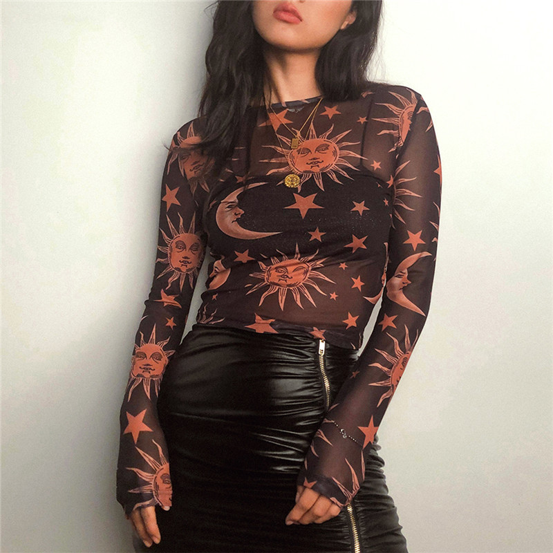 Sun Moon Printed Transparent Mesh Sexy T-Shirt Women O-Neck Long Sleeve Slim Basic Casual Female Tops 2022 Spring New alx