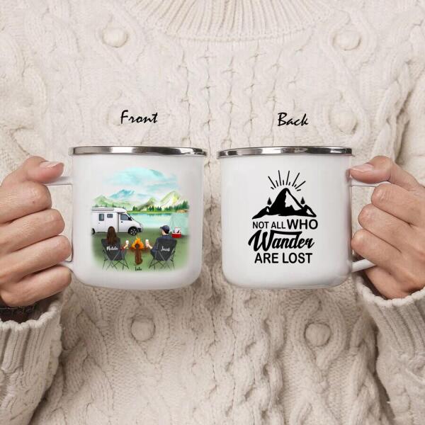 Custom Personalized Camping Enamel Mug – Couple/ Parents With Upto 4 Kids And 6 Pets – Gift For Family – Not All Who Wander Are Lost