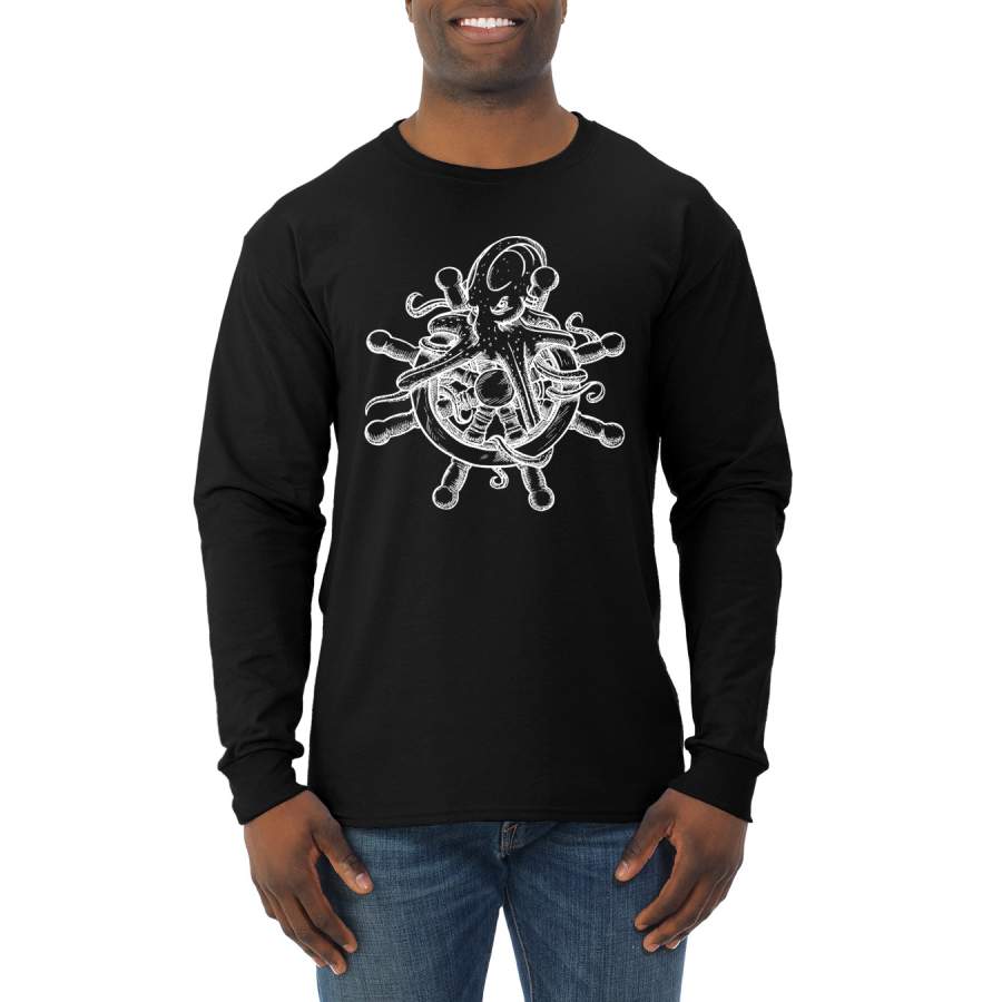 Vintage Pirate Ship Wheel Nautical Sea Octopus Humor Mens Long Sleeve Shirt