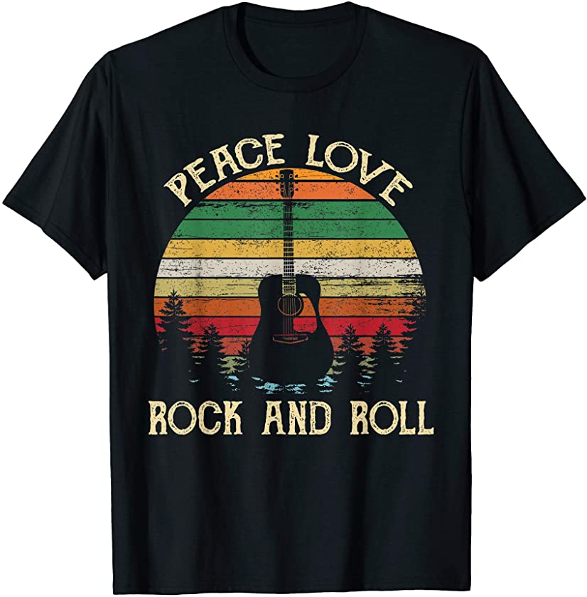 Vintage Peace Love Rock And Roll Guitar Tshirt Hippie Gifts