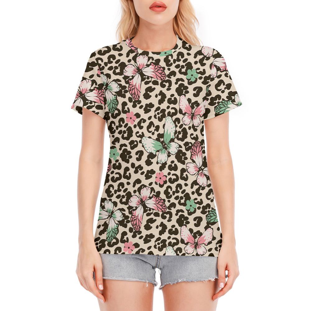 Butterflies On Leopard Dots Round Neck T-Shirt