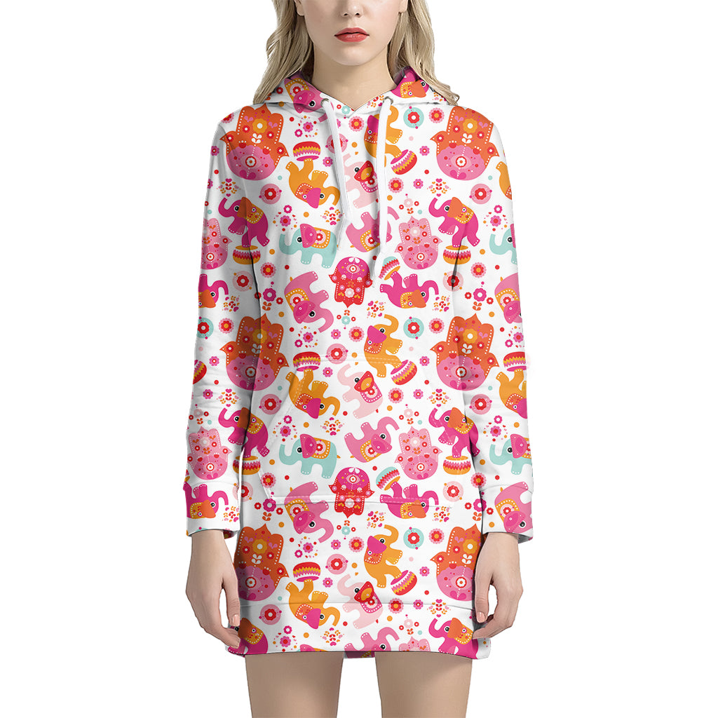 Girly Elephant And Hamsa Pattern Print Women’S Pullover Hoodie Dress