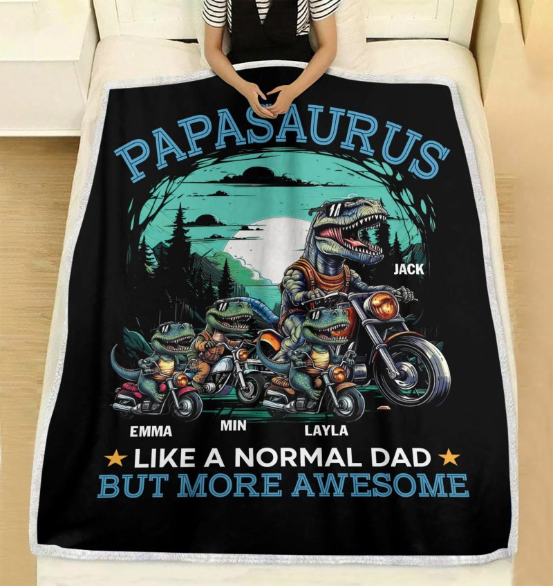 Papasaurus Motorbike Personalized Blanket, Best Gift For Father