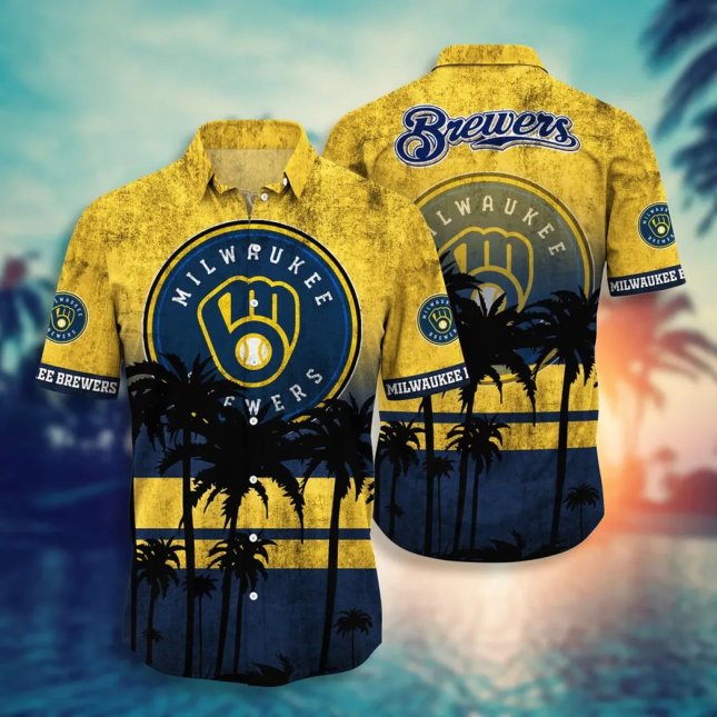 Brewers Hawaiian Shirt Milwaukee Sunset Palm Design