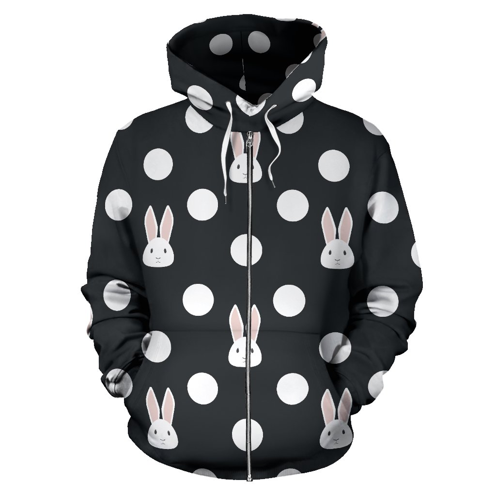 Cute White Rabbit Polka Dots Black Background Zip Up Hoodie